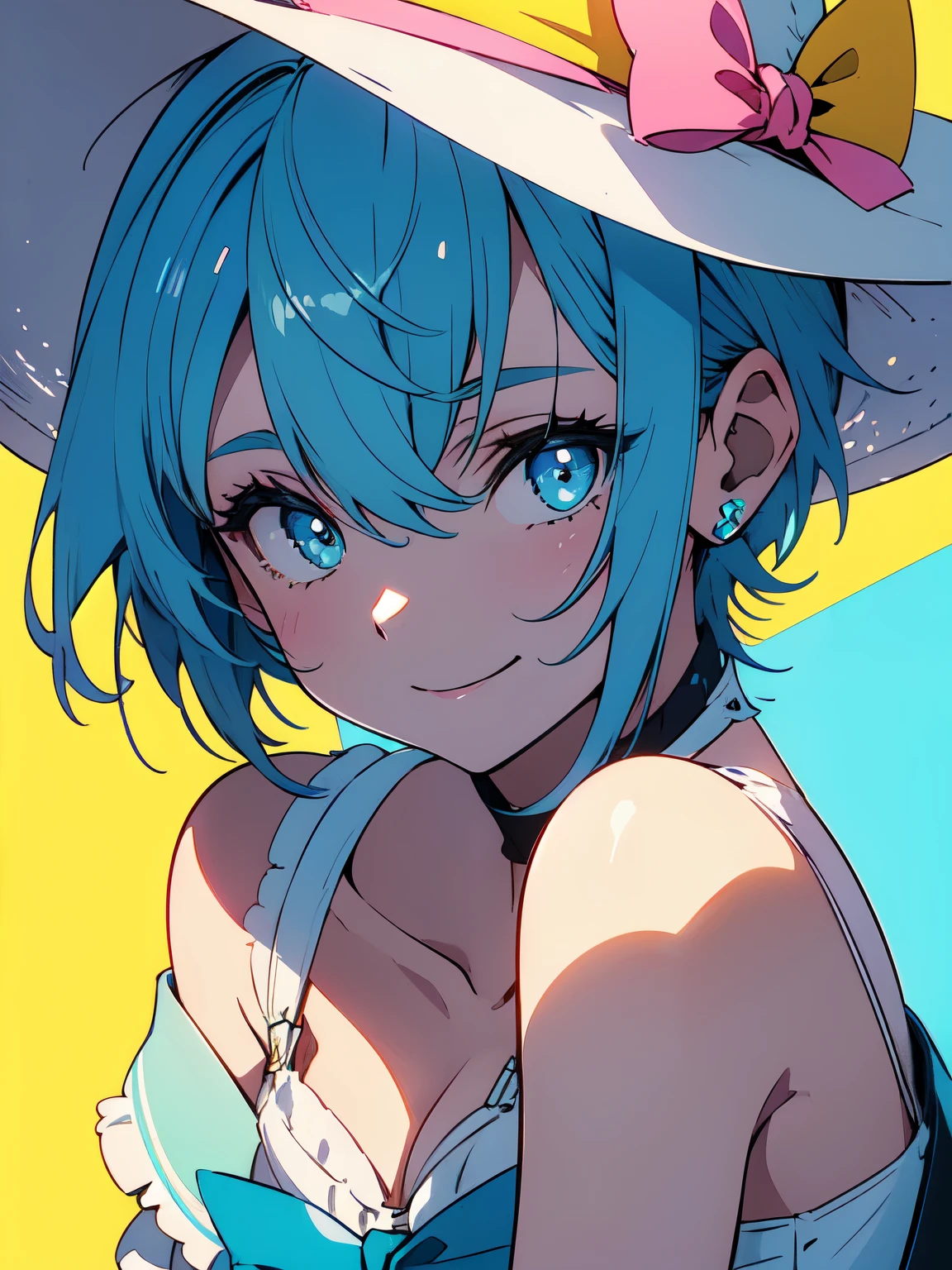 (highest quality, expensive_solve, clear_image, detailed background) ,girl, light blue hair、inner color、bright look、short hair、Hair is tied short、Light blue shining eyes,smile、pink wide brimmed hat、yellow off shoulder innerwear、(Sunlight on the face)、(colorful background、bright pop background)