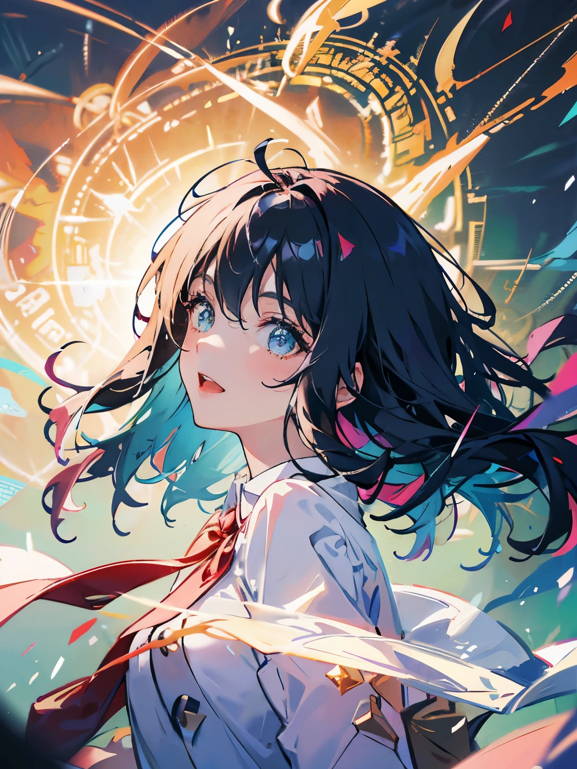 (ultra-detailed, perfect pixel, highres, best quality, beautiful eyes finely detailed), female, magic aura, two colors eye, rainbow hair, white dress, elegant, the background is full of magical particles, water, glowing light, reflection light, motion blur, 8k, super detail, accurate, best quality, Ray tracing.