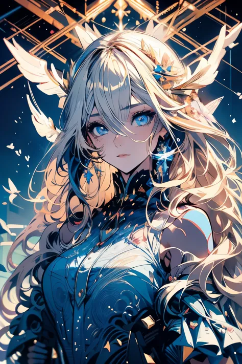 4K quality:1.2,Super beautiful illustration:1.2,Seraph,((6 white wings on the back)),blonde,long hair styles,((beautiful cobalt ...