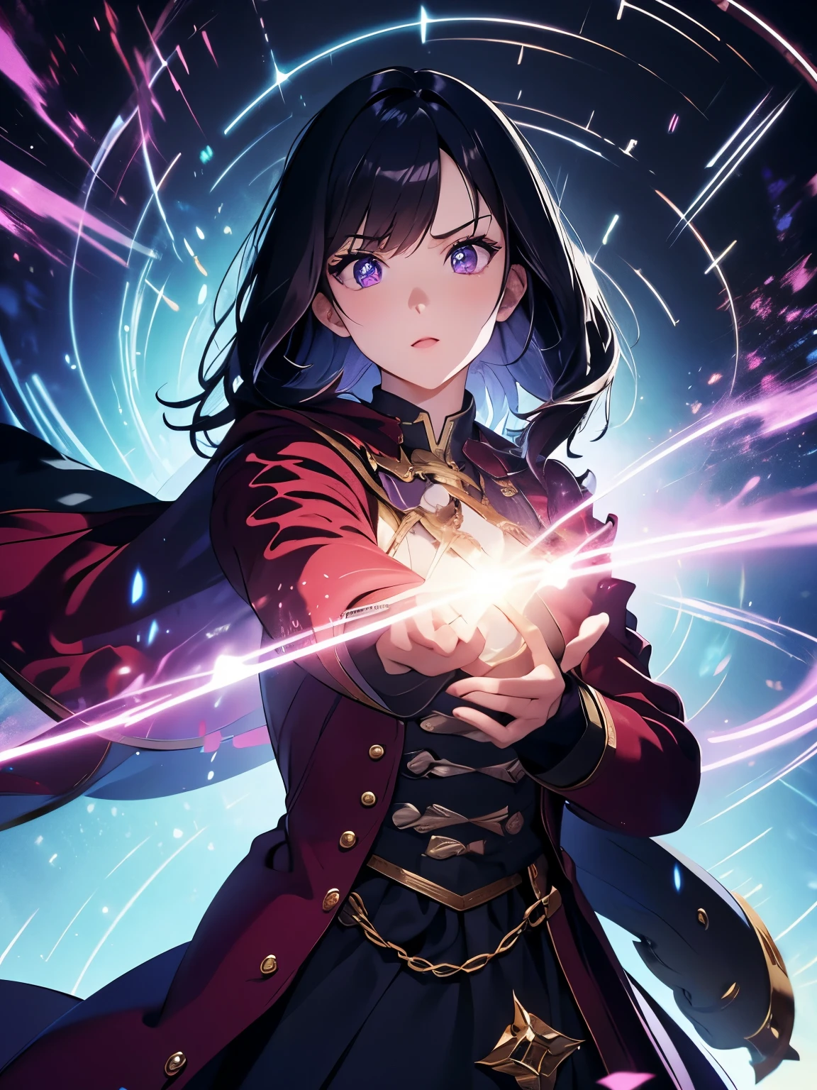 (ultra-detailed, perfect pixel, highres, best quality, beautiful eyes finely detailed), female, magic aura, sharp purple eye color, (glowing purple eyes), black medium hair, long blue side hairs, red robe, elegant, the background is full of magical particles. lens flare, glowing light, reflection light, motion blur, 8k, super detail, accurate, best quality, Ray tracing.