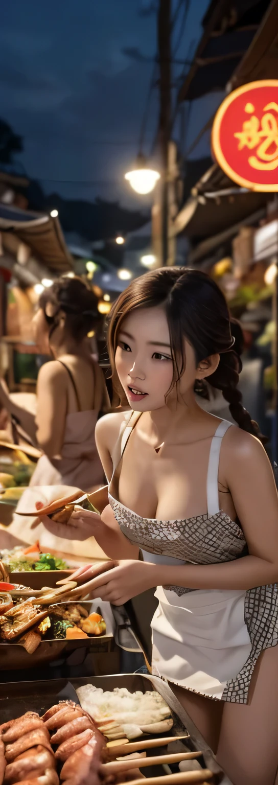 (southeast Asian market, a woman, brown-skin), staff stall grill squid skewers at night, (wearing apron with various pattern to hide nipples), skirt, cup-less bra, panties, ((leaning forward)), braid, 