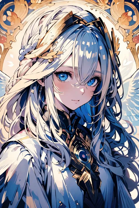 4K quality:1.2,Super beautiful illustration:1.2,Seraph,((6 white wings on the back)),blonde,long hair styles,((beautiful cobalt ...