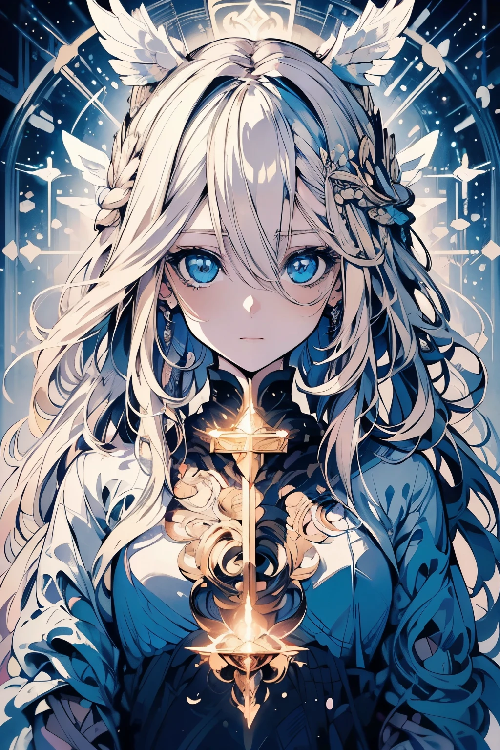 4K quality:1.2,Super beautiful illustration:1.2,Seraph,((6 white wings on the back)),blonde,long hair styles,((beautiful cobalt blue eyes:1.2)),Sky