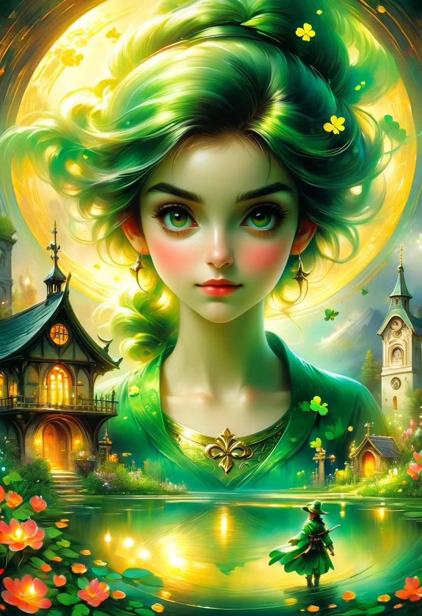 fluorescent horizon, cg graphics illustration, luminism,
The girl is a leprechaun. She is dressed in green clothes and a hat decorated with clovers, and holds a bowl of gold coins in her hands. The background features a large gold coin with various symbols (including clovers and horseshoes), coins floating in the air, as well as small houses and a church.
The background of the image is a picturesque landscape with hills covered in flowers under a sunset sky.
Art by In the style of Giovanni Boldini, Bastien Lecouf-Degarme, Carn Griffiths, E. Abramzon, Raphael, Caravaggio, Coby Whitmore, Titian, Leonardo da Vinci, Studio Ghibli Genshin Impact