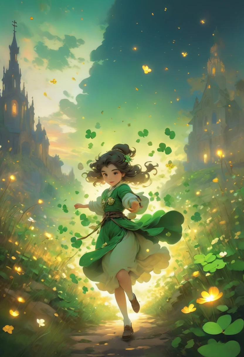 fluorescent horizon, cg graphics illustration, luminism,
The girl is a leprechaun. She is dressed in green clothes and a hat decorated with clovers, and holds a bowl of gold coins in her hands. The background features a large gold coin with various symbols (including clovers and horseshoes), coins floating in the air, as well as small houses and a church.
The background of the image is a picturesque landscape with hills covered in flowers under a sunset sky.
Art by In the style of Giovanni Boldini, Bastien Lecouf-Degarme, Carn Griffiths, E. Abramzon, Raphael, Caravaggio, Coby Whitmore, Titian, Leonardo da Vinci, Studio Ghibli Genshin Impact