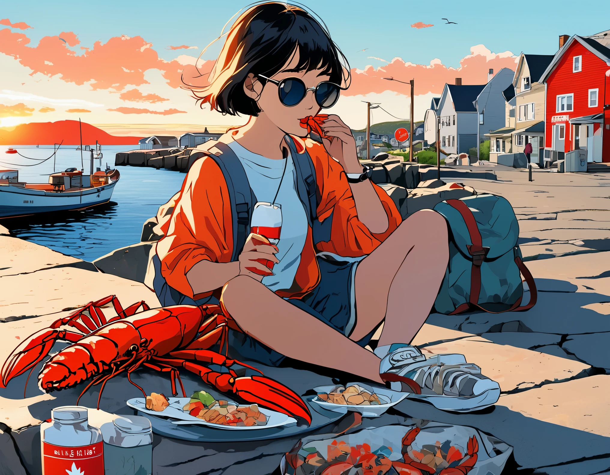 （A Chinese girl with short hair is eating lobster：0.85），Sitting on the embankment， street art , Graffiti ，background：Horseshoe-shaped Peggy&#39;s Cove, Canada，There are rocks on both sides，Huge sunset，post office，sunglasses，Backpack，cigarette case