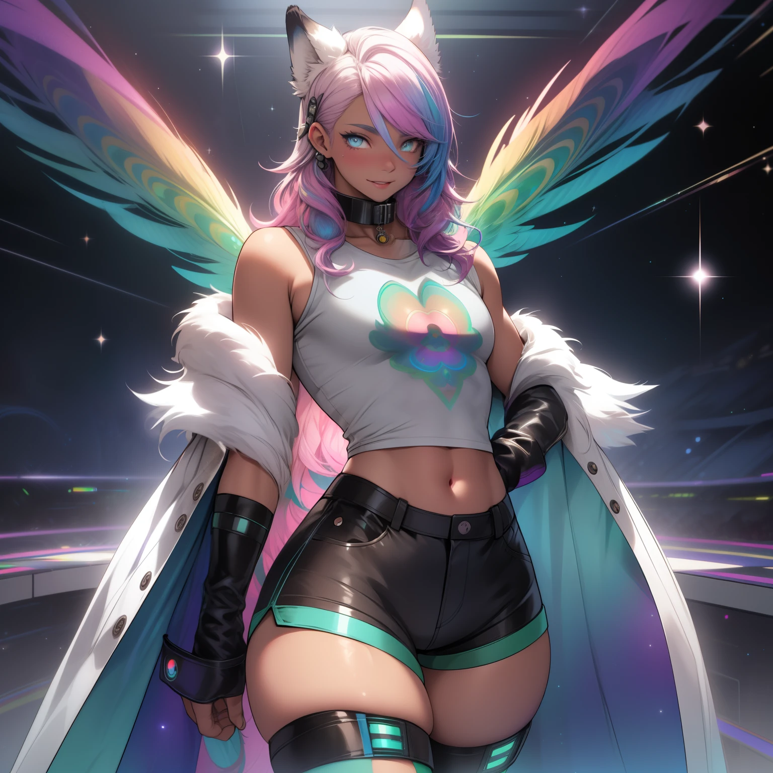 a short, skinny, galactic space young boy wearing a peacock inspired rainbow sci fi coat, glowing blue eyes with heterochromia, wearing cropped t-shirt, flat chested, flat chest (SUPER FLAT CHEST) has wolf ears and a wolf tail, wide hips, pink lips, thick thighs, has long wavy rainbow gradient colored sparkly hair with long locks, twink, happy, blushing, flustered, showing thighs, wearing thigh high boots, wearing short micro shorts, curvy, solo, alone, (SOLO)(ALONE), has long wavy rainbow gradient colored sparkly hair, dynamic pose, dancing pose, wearing collar, happy, has rainbow peacock wings flowing behind him, perfect eyes, photo realistic, masterpiece, flawless, peacock wings