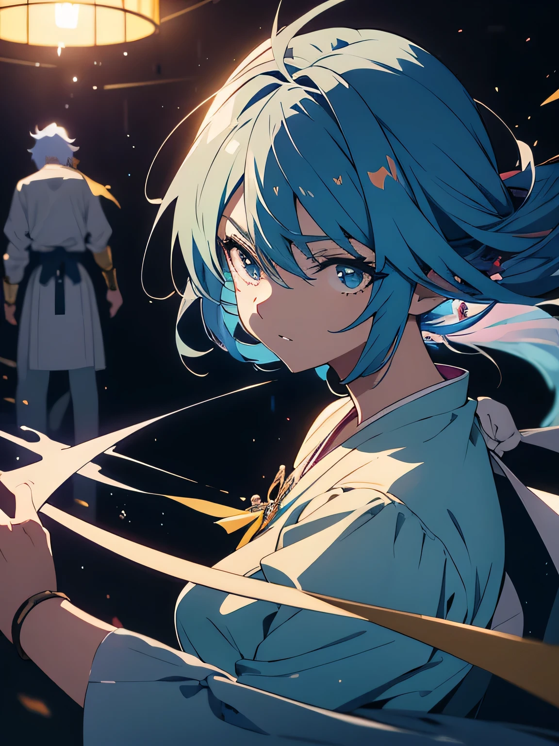 beautiful animeキャラクターの超詳細で複雑なレンダリング, beautiful soft studio light, rim light, vivid details,nice, race, super anime art, blue hair, See an intimate slice of the medieval world, have a sword ,beautiful anime