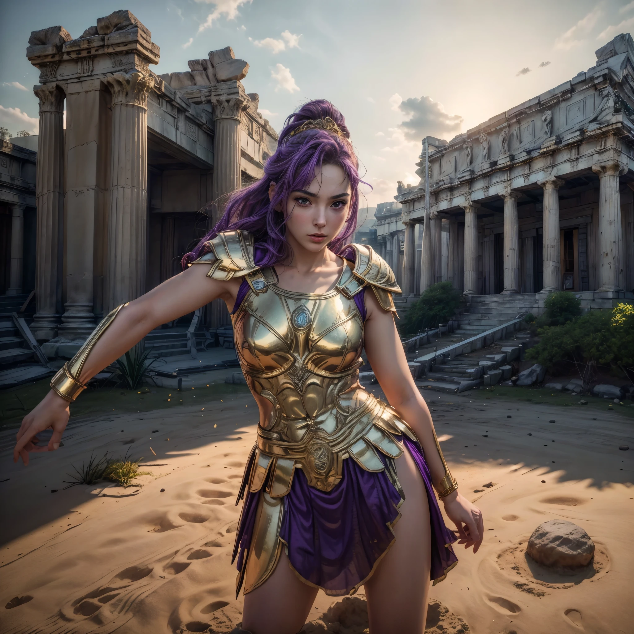 (best quality,4k,8k,highres,masterpiece:1.2),ultra-detailed, 1woman, 1woman, Greek goddess Athena, purple hair, wearing golden hoplite armor with helmet, attacking pose, wielding a sear, looking at the viewer, wise, impressive, seductive eyes, in front of the Parthenon, drawn in the style of Yoshitaka Amano, high res, ultrasharp, 8K, masterpiece, HDR, 8k, absurdres, cinestill 800, sharp focus, add_detail:2