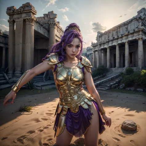 (best quality,4k,8k,highres,masterpiece:1.2),ultra-detailed, 1woman, 1woman, Greek goddess Athena, purple hair, wearing golden h...