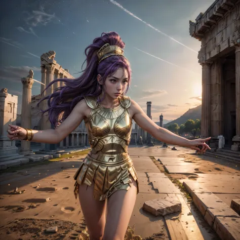 (best quality,4k,8k,highres,masterpiece:1.2),ultra-detailed, 1woman, 1woman, Greek goddess Athena, purple hair, wearing golden h...