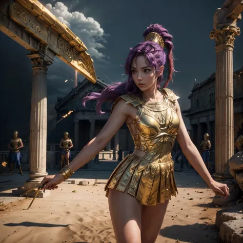 (best quality,4k,8k,highres,masterpiece:1.2),ultra-detailed, 1woman, 1woman, Greek goddess Athena, purple hair, wearing golden h...