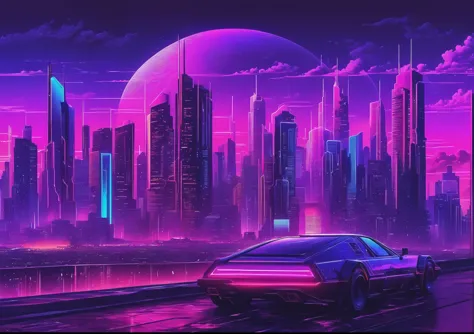 Cityscape with futuristic skyline as background, synthwave city, Steam City, synthwave art style, Cyberpunk style city, cybernet...
