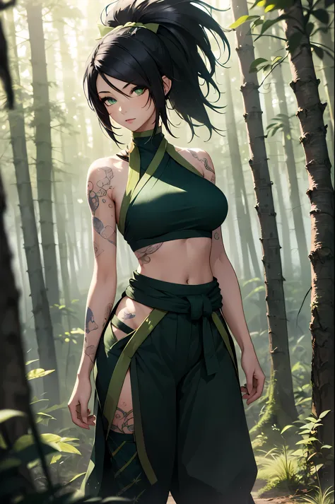 (masterpiece, best quality:1.2), intricate details, (Akali), 1 woman, (green crop top), pants, hair ribbon, bare shoulders, pony...