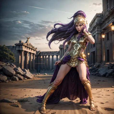 (best quality,4k,8k,highres,masterpiece:1.2),ultra-detailed, 1woman, 1woman, Greek goddess Athena, purple hair, wearing golden h...