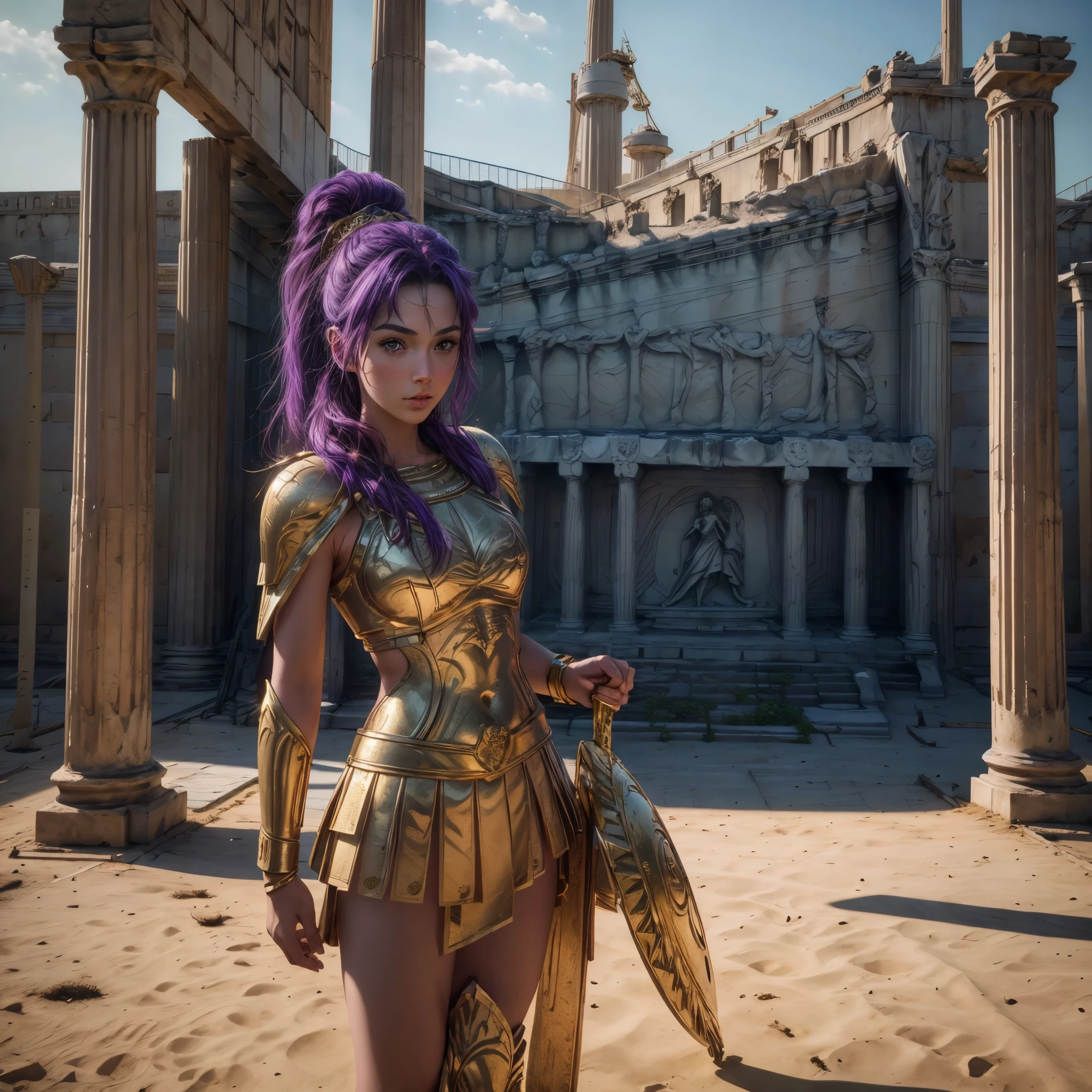 (best quality,4k,8k,highres,masterpiece:1.2),ultra-detailed, 1woman, 1woman, Greek goddess Athena, purple hair, wearing golden hoplite armor with helmet, attacking pose, wielding a sear, looking at the viewer, wise, impressive, seductive eyes, in front of the Parthenon, drawn in the style of Yoshitaka Amano, high res, ultrasharp, 8K, masterpiece, HDR, 8k, absurdres, cinestill 800, sharp focus, add_detail:2
