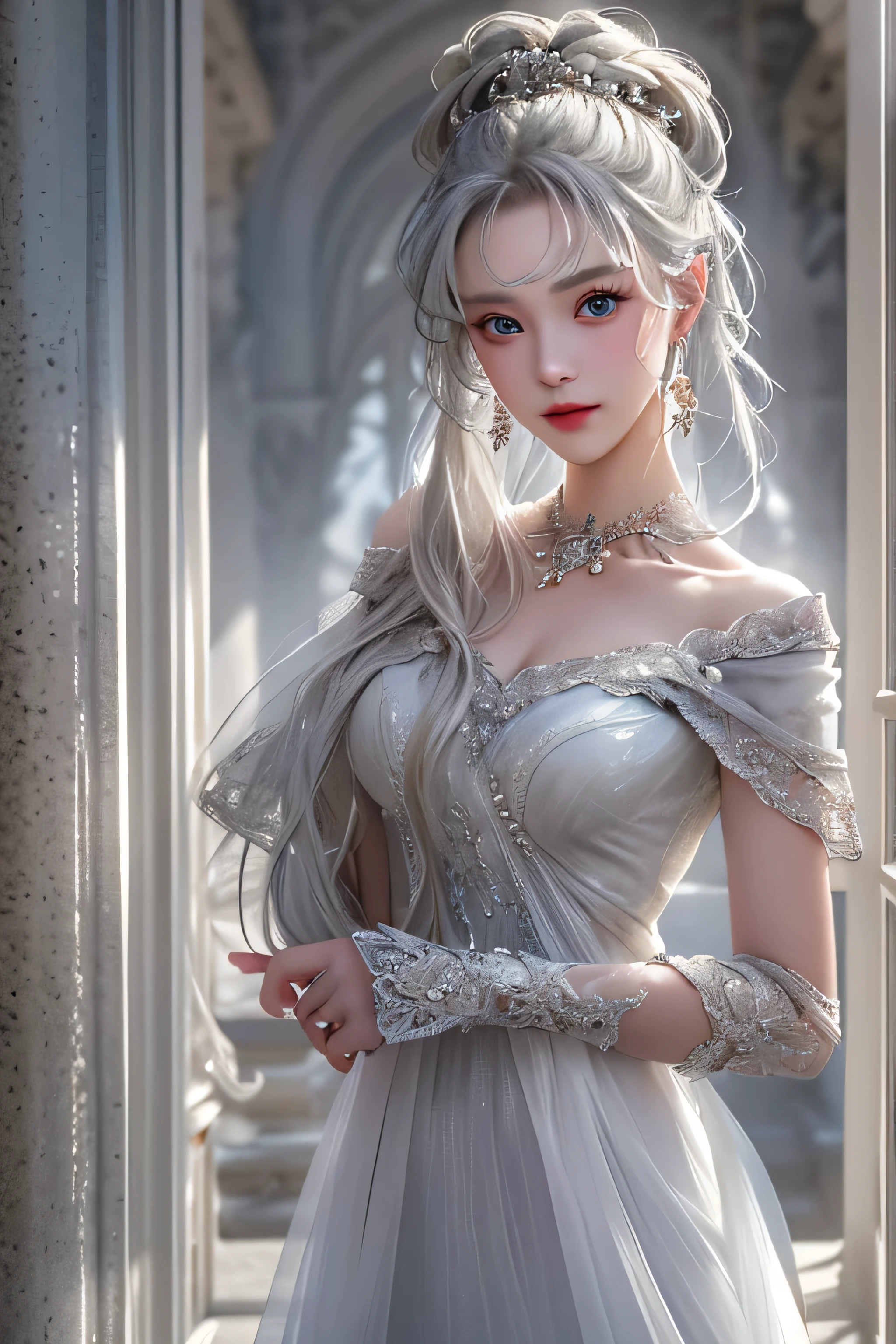 (Woman standing on balcony of palace),(highest quality, masterpiece:1.2), ultra high resolution, realistic, front light, intricate details, Exquisite detail and texture, 1 girl, alone ,(young), facial highlights, Upper body, detailed face, Tears mole, 白 skin, silver hair, ponytail, braid hair, looking at the viewer, blue big eyes, (Off-shoulder sheer white long dress), earrings,medium sized breasts, because I&#39;thin, luxury room, professional lighting, photon mapping, radio city, Physically based rendering,(Old European castles are hazy in the background),Backlight、(I can see the silhouette of the body)