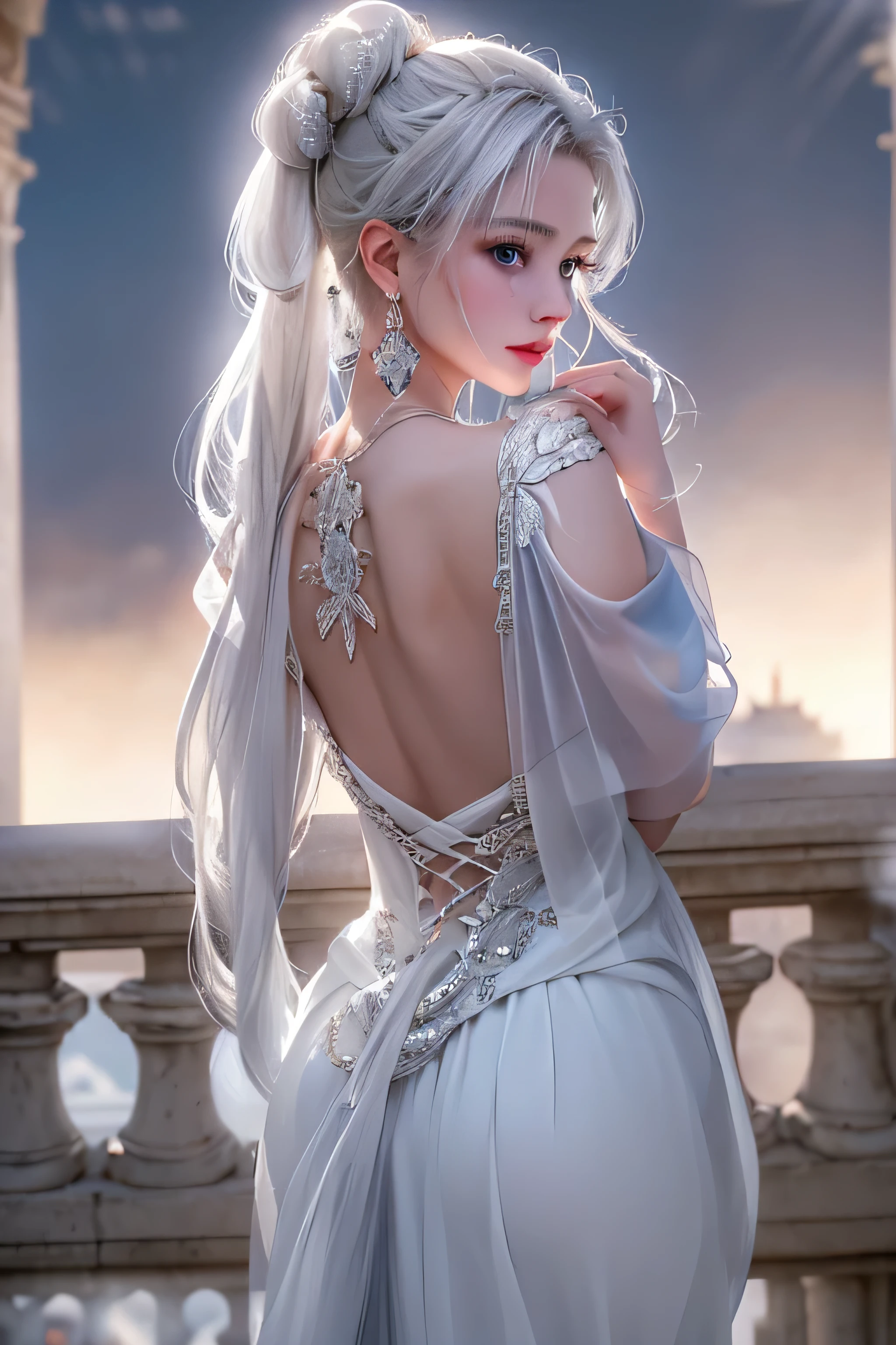(Woman standing on balcony of palace),(highest quality, masterpiece:1.2), ultra high resolution, realistic, front light, intricate details, Exquisite detail and texture, 1 girl, alone ,(young), facial highlights, Upper body, detailed face, Tears mole, 白 skin, silver hair, ponytail, braid hair, looking at the viewer, blue big eyes, (Off-shoulder sheer white long dress), earrings,medium sized breasts, because I&#39;thin, luxury room, professional lighting, photon mapping, radio city, Physically based rendering,(Old European castles are hazy in the background),Backlight、(I can see the silhouette of the body)