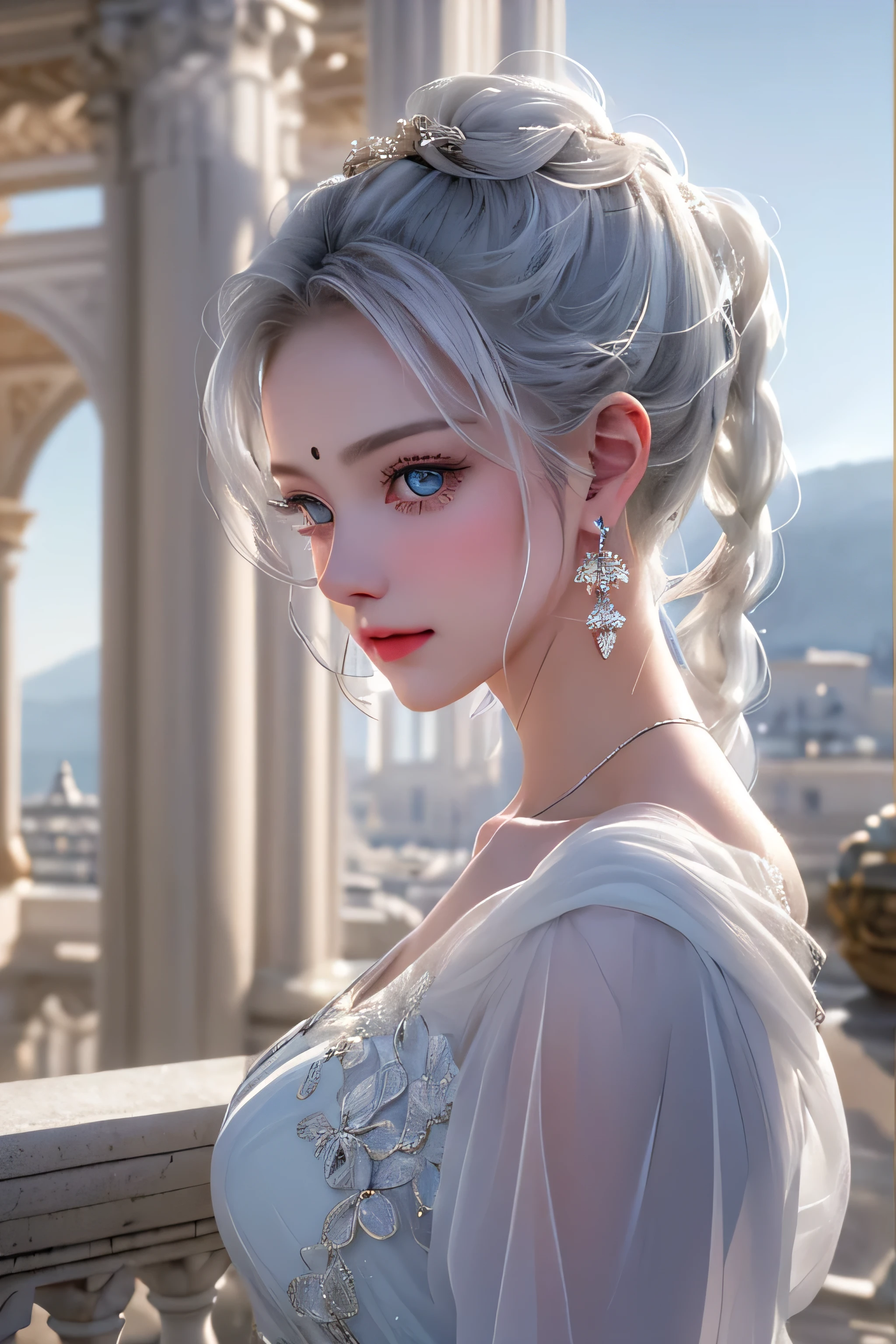 (girl standing on the balcony of the palace),(highest quality, masterpiece:1.2), ultra high resolution, realistic, front light, intricate details, Exquisite detail and texture, 1 girl, alone ,(young), facial highlights, Upper body, detailed face, Tears mole, 白 skin, silver hair, ponytail, braid hair, looking at the viewer, blue big eyes, (Off-shoulder sheer white long dress), earrings,medium sized breasts, because I&#39;thin, luxury room, professional lighting, photon mapping, radio city, Physically based rendering,(Old European castles are hazy in the background),Backlight、(I can see the silhouette of the body)
