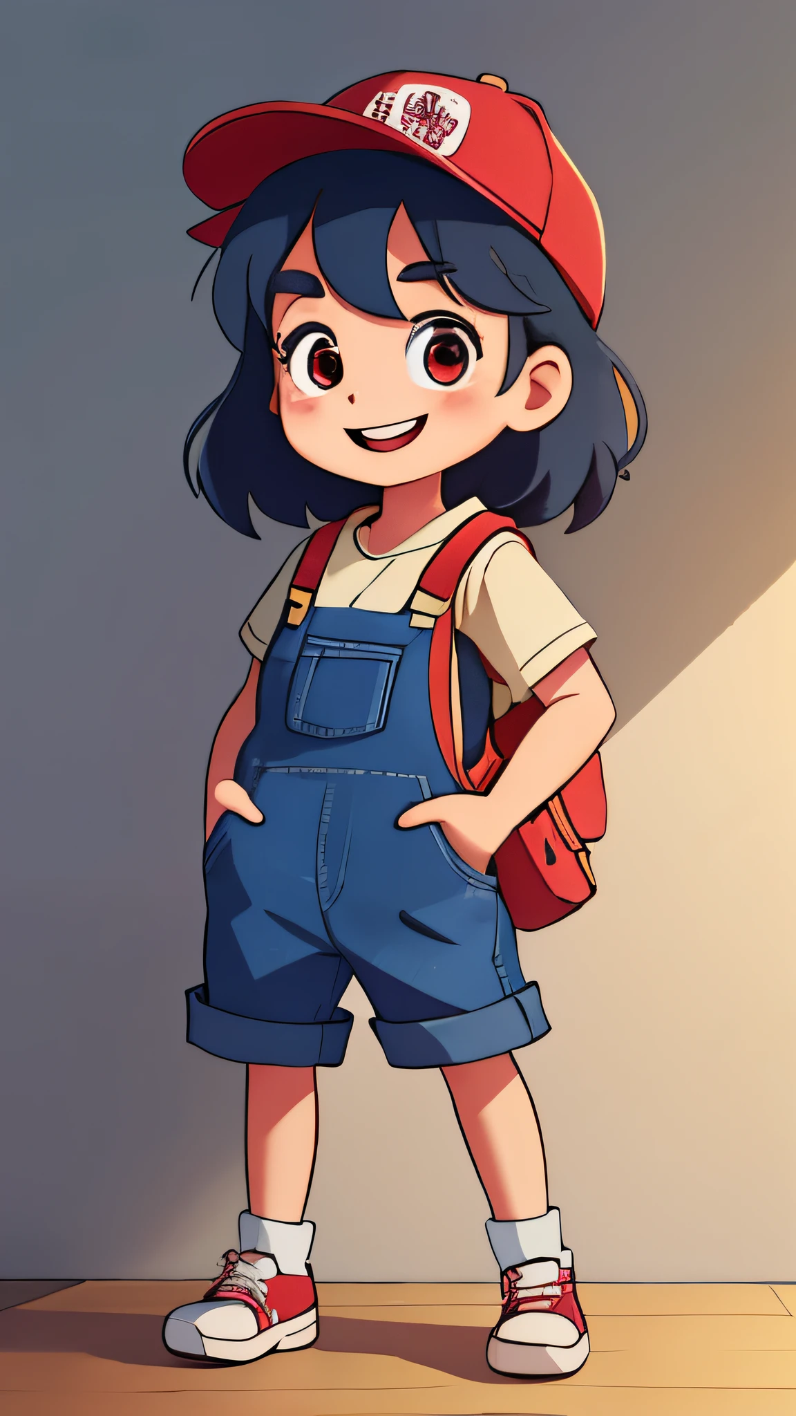 little girl full body photo，Show off hands and feet，wearing a hat，Carrying a red schoolbag，Wearing denim overalls，Open hands，Permanently installed，Raise your right foot，Expose the soles of your feet slightly，左脚Permanently installed，smile smile，The eyebrows are slightly curved，show joy，studio lighting，flat illustration，detail，Anime feeling，soft light，rich and colorful