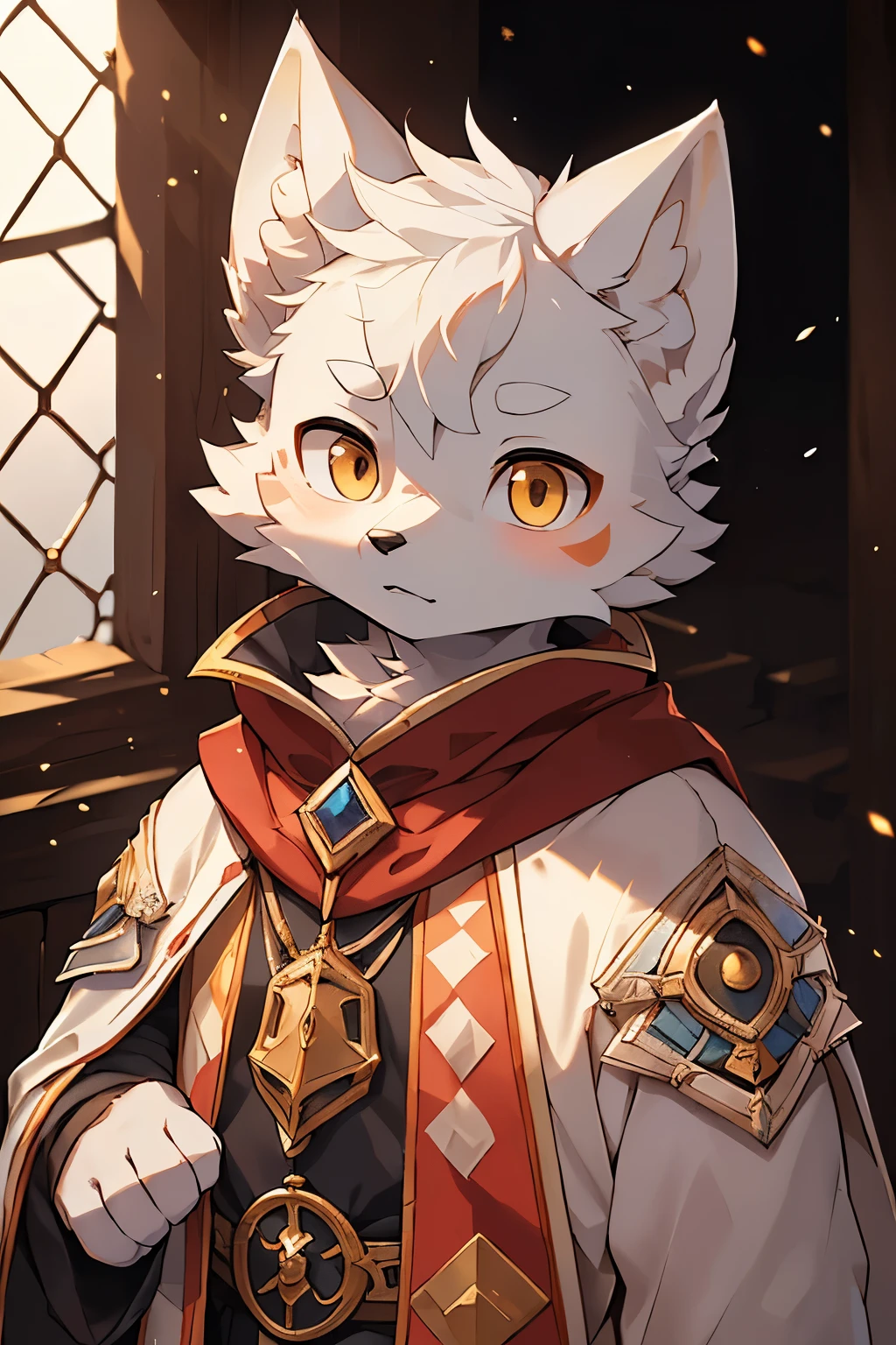 (best picture quality),(masterpiece),(((the only person))),(Super detailed),(male arctic fox:1.5), (white skin:1.3), hairy，(white fur:1.3),((golden pupils)) ,(gray ears),(hairy 动物 耳朵s)，((Dressed in medieval armor)，medieval general，red cloak，natural lighting，complex background,Detailed face，details on face，Character focus，Detailed clothes，upper part of body，depth of field，lighting perfect，sharp focus，light particles，alone，Serious