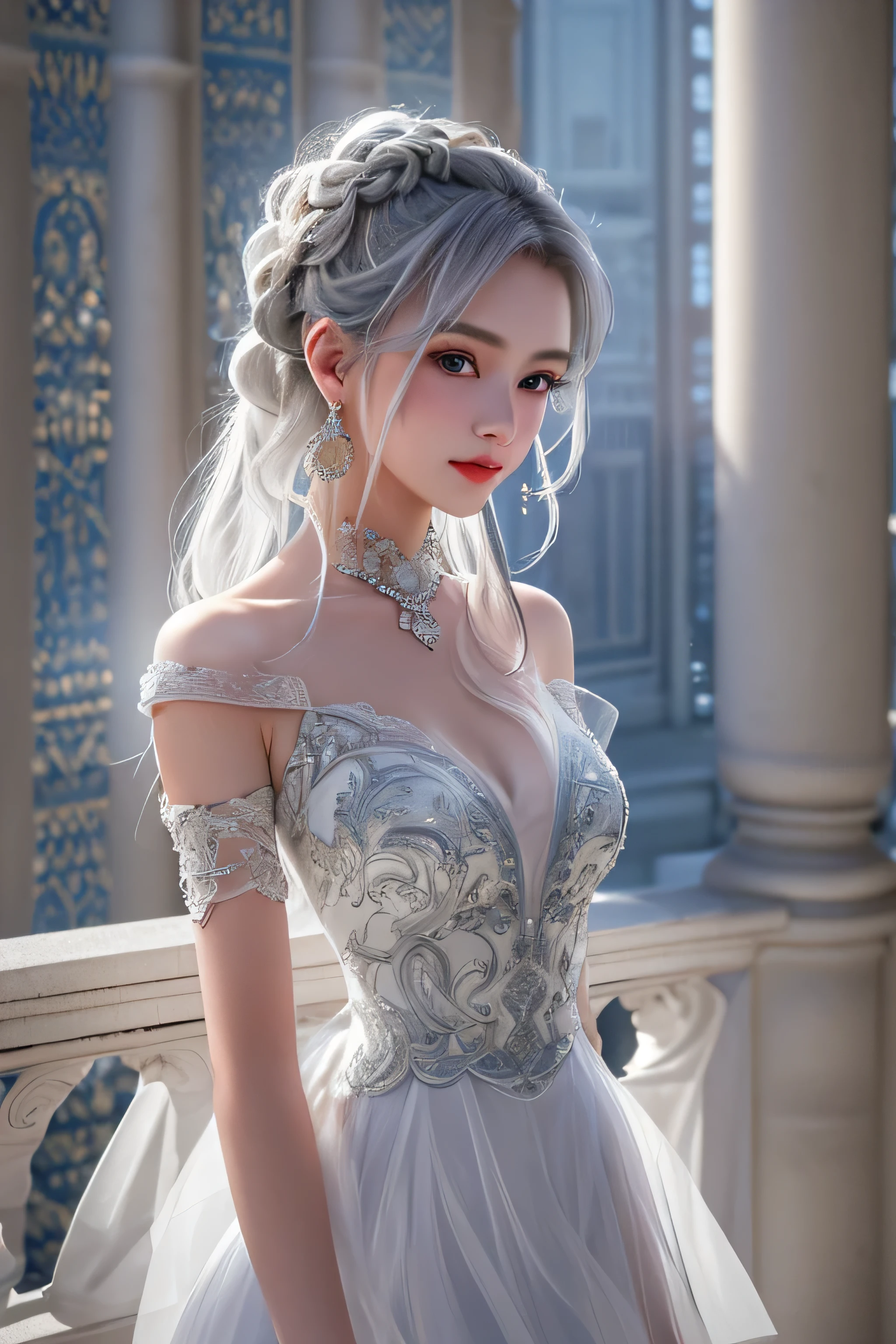 (girl standing on the balcony of the palace),(highest quality, masterpiece:1.2), ultra high resolution, realistic, front light, intricate details, Exquisite detail and texture, 1 girl, alone ,(young), facial highlights, Upper body, detailed face, Tears mole, 白 skin, silver hair, ponytail, braid hair, looking at the viewer, blue big eyes, (Off-shoulder sheer white long dress), earrings,medium sized breasts, because I&#39;thin, luxury room, professional lighting, photon mapping, radio city, Physically based rendering,(Old European castles are hazy in the background),Backlight、(I can see the silhouette of the body)