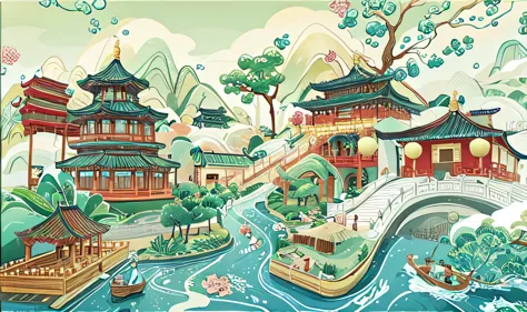Illustration of Chinese village with bridge and boats, ancient chinese art style, Exquisite renderings of the Tang Dynasty, A be...