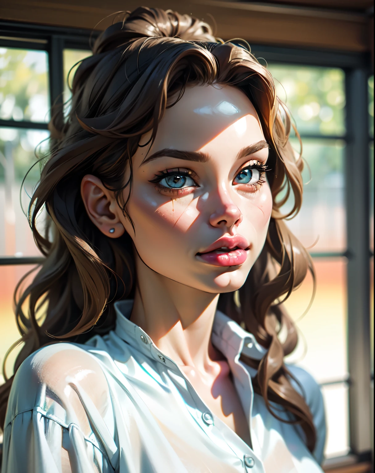 best quality, face focus, soft light, ultra high res, (photorealistic:1.4), RAW photo,
1japanese girl, solo, cute, (pupil, lights in the eyes),  detailed beautiful face, (),(high resolution detail of human skin texture),
(long hair),
indoor,
Damask Shirt Dress,
(portrait)