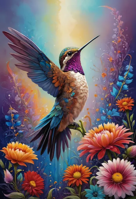 A hummingbird perched on a flower, its feathers adorned with vibrant colors, set against a natural background. The hummingbird i...