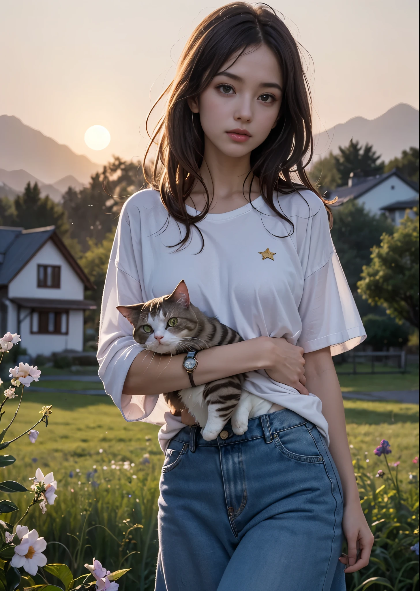 There is a woman standing in a meadow at dusk holding a cat.、14 years old、cowboy shot、medium long hair、I have bangs、Jeans on a t-shirt、sweater and long skirt、Watch the viewer、There are purple and pink flowers around.、There is a farmhouse a little far away.、A small moon rises between the distant mountains、There are many stars shining in the night sky、Emotional、perfect lighting、sharp focus、High definition、High level image quality、High color rendering、High resolution、surreal、Photoreal