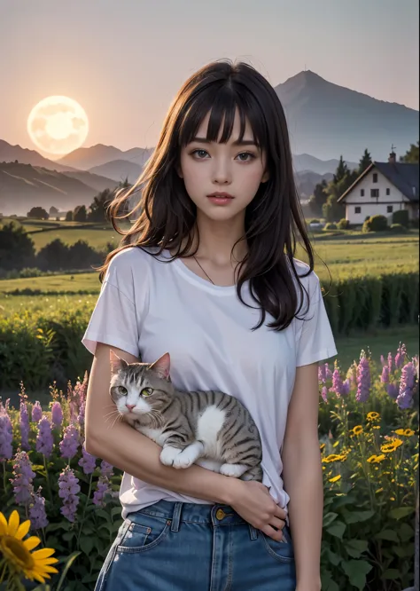 There is a woman standing in a meadow at dusk holding a cat.、14 years old、cowboy shot、medium long hair、I have bangs、Jeans on a t...