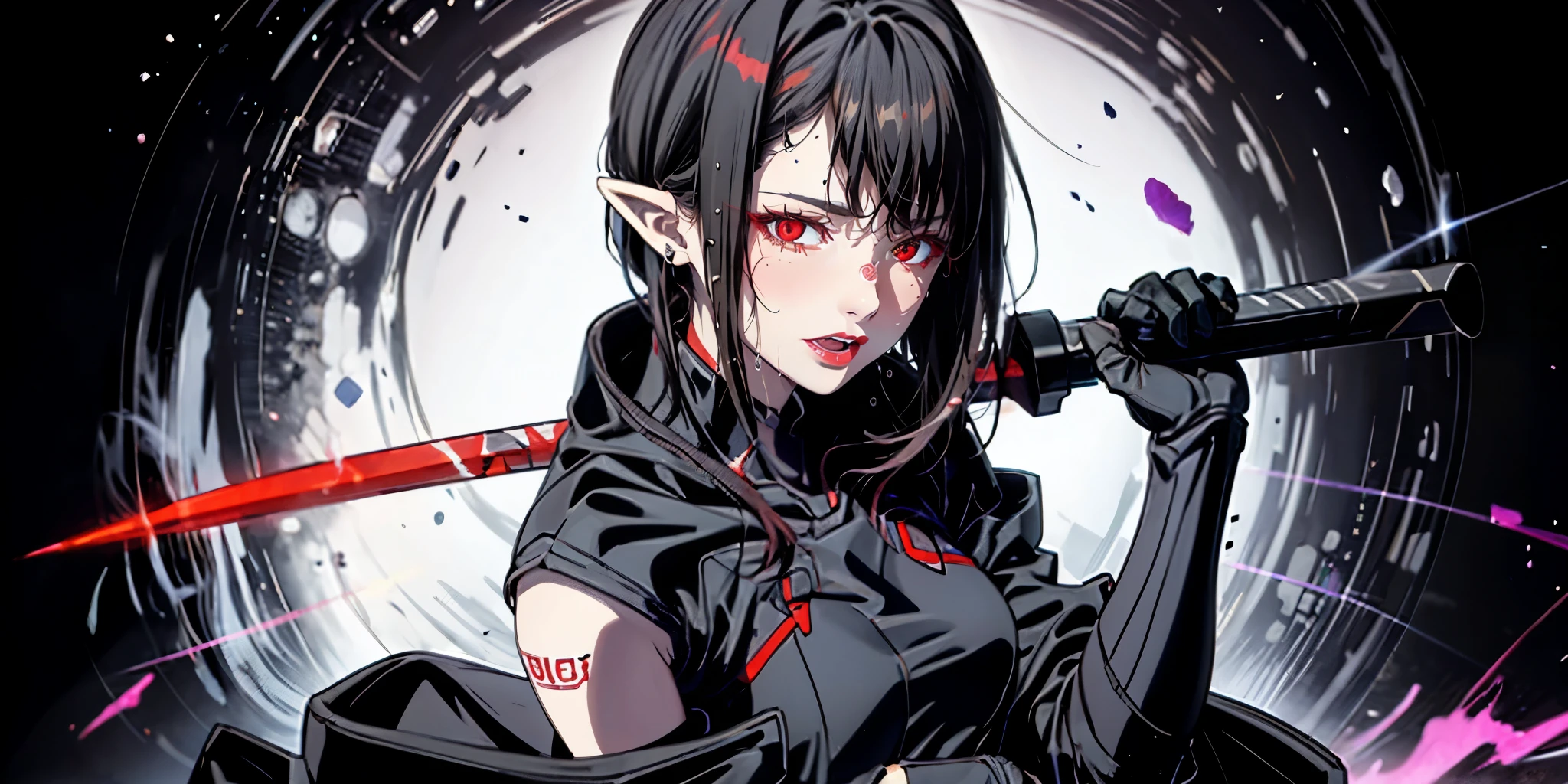 red eyes, pointy ears, long black hair, purple lipstick, makeup, pale skin, anatomically correct, masterpiece, award winning, ccurate, textured skin, anatomically correct,
1gril, looking at viewer, glowing red eyes, grab Muramasa sword in right_hand, Battōjutsu pose, metal glowing,  glowing blade, cinematic lighting, motion lines, chiaroscuro,