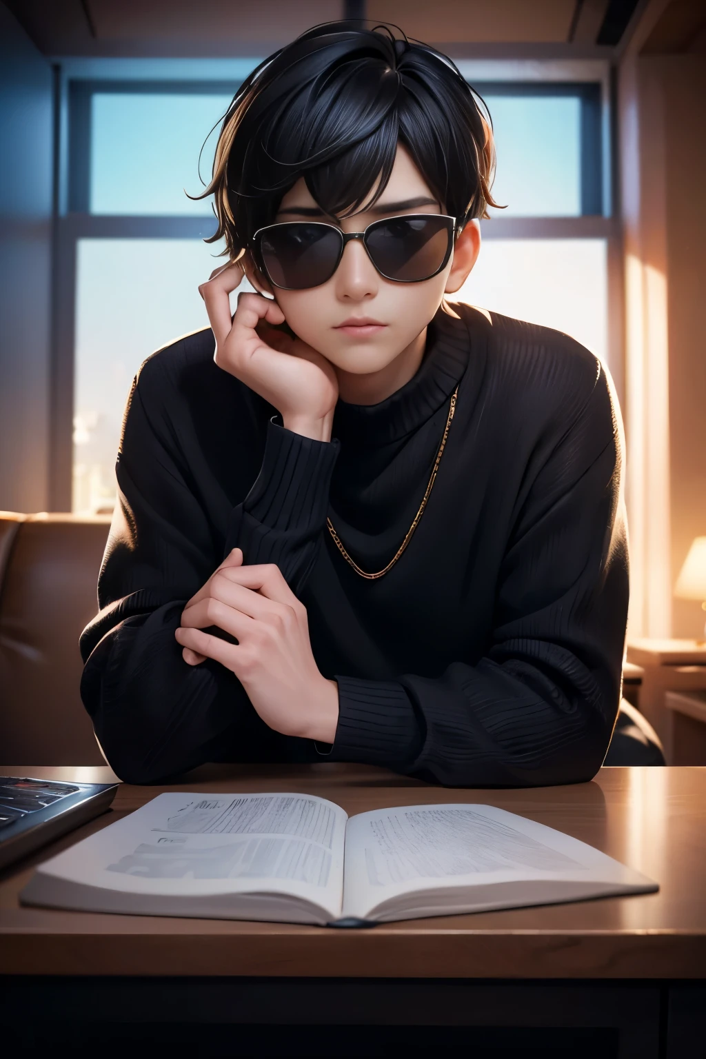 ultra high resolution, masterpiece,  highest quality, perfect shiny shiny skin, perfect lighting, detailed lighting, dramatic shadow, ray tracing, 1 boy, black sweater, looking at the viewer,Portrait、Cyberpunk worldview、wearing small sunglasses、