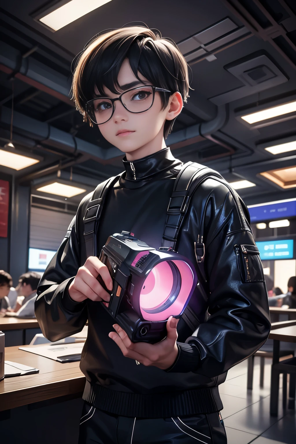 ultra high resolution, masterpiece,  highest quality, perfect shiny shiny skin, perfect lighting, detailed lighting, dramatic shadow, ray tracing, 1 boy, black sweater, looking at the viewer,Portrait、Cyberpunk worldview、wearing cyber sunglasses，A world of neon lights