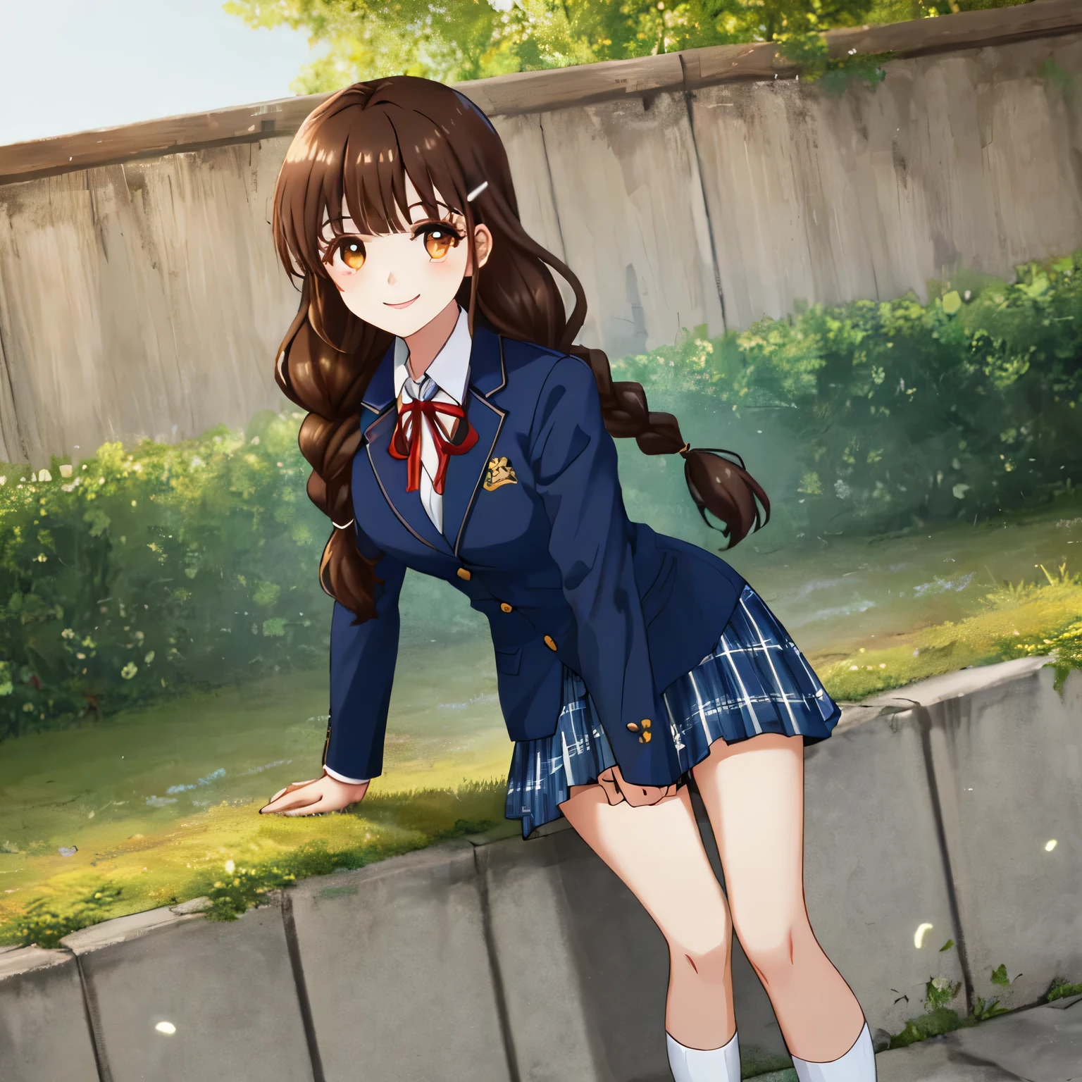 highest quality, (masterpiece:1.2), very detailed, Standing figure of a girl looking at the viewer and smiling, Glossy lips that make you want to kiss, nice smile, brown eyes, (((dark brown hair))), 15 years old, long braids, big shiny hair clip, school uniform, Dark blue and navy plaid skirt, middle long skirt, white shirt, A luxurious navy blazer with a golden emblem on the left chest, big school ribbon tie, very shiny hair、laughter、bright look、The light makes my face and hair shine, The corners of the eyes are drooping, cute braids, I&#39;m so happy I can jump up, The expression of a maiden in love, (((twin braid hair))), The long skirt fabric has a beautiful deep blue checkered pattern., A gentle and cute expression staring at the viewer, double eyelid, ((long eyelashes)), ((Long lower eyelashes too)) ((the knees are hidden by the skirt)), pure white background