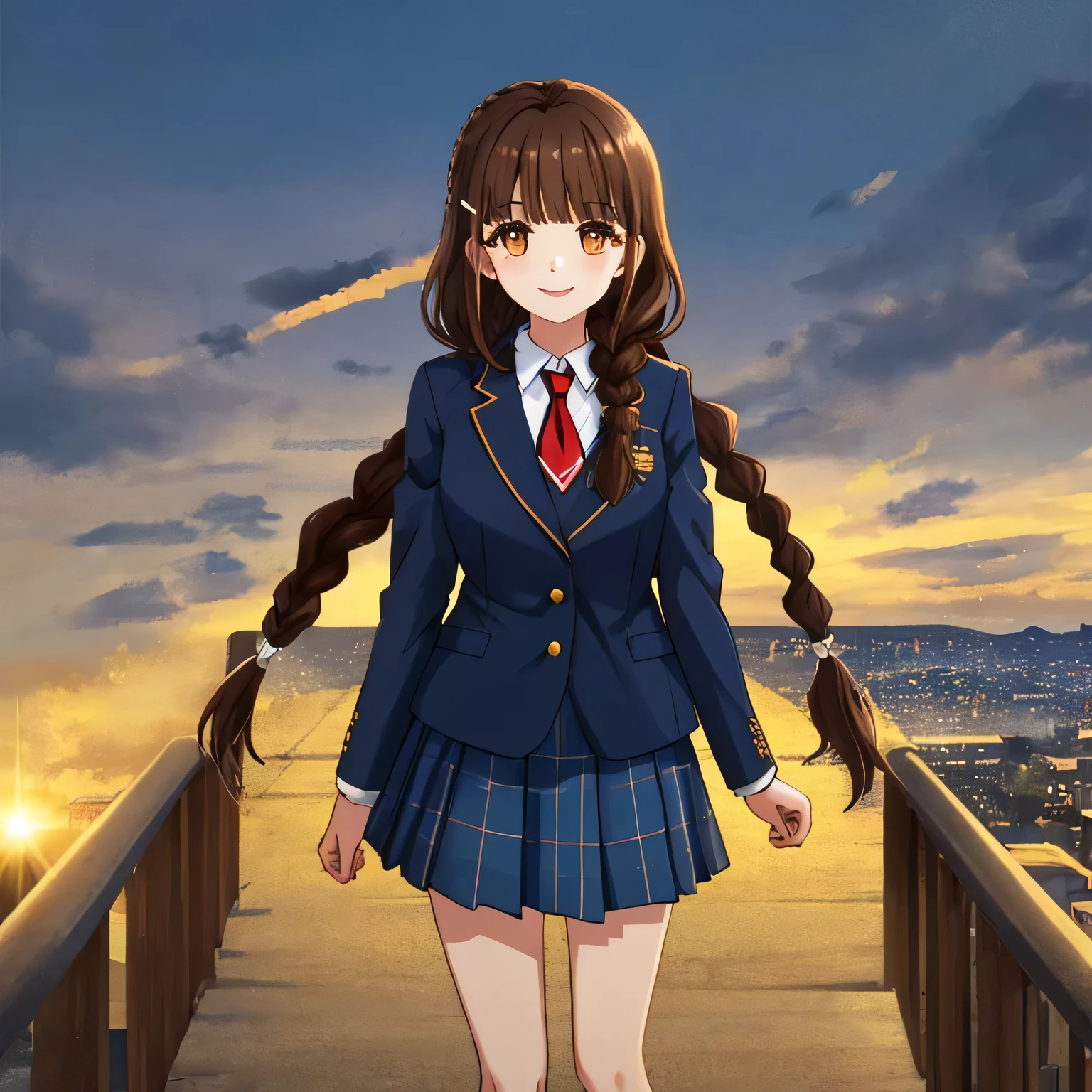 Anime girl in school uniform standing on a bridge overlooking a city -  SeaArt AI