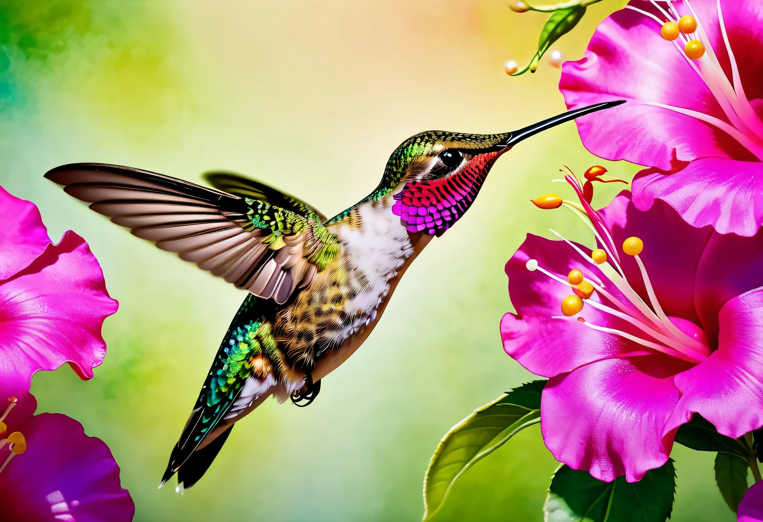 The art of painting on silk, batik, hand painted silk, 1 bright hummingbird with two wings drinks nectar from a flower, High detail, Texture smoothing, pearlescent silk shine, pearlescent color palette, centered focus, depth of field, Smooth transitions, blurry outlines, colors with pearlescent shades, fog effect around the edges of the image