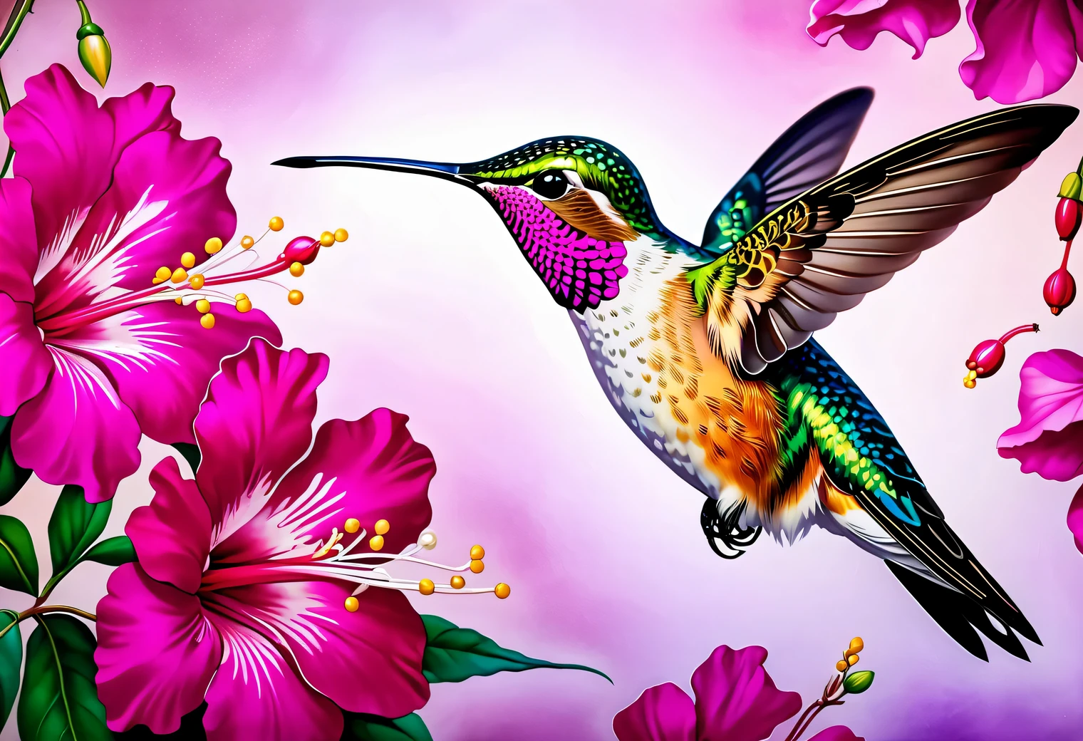 The art of painting on silk, batik, hand painted silk, 1 bright hummingbird with two wings drinks nectar from a flower, High detail, Texture smoothing, pearlescent silk shine, pearlescent color palette, centered focus, depth of field, Smooth transitions, blurry outlines, colors with pearlescent shades, fog effect around the edges of the image