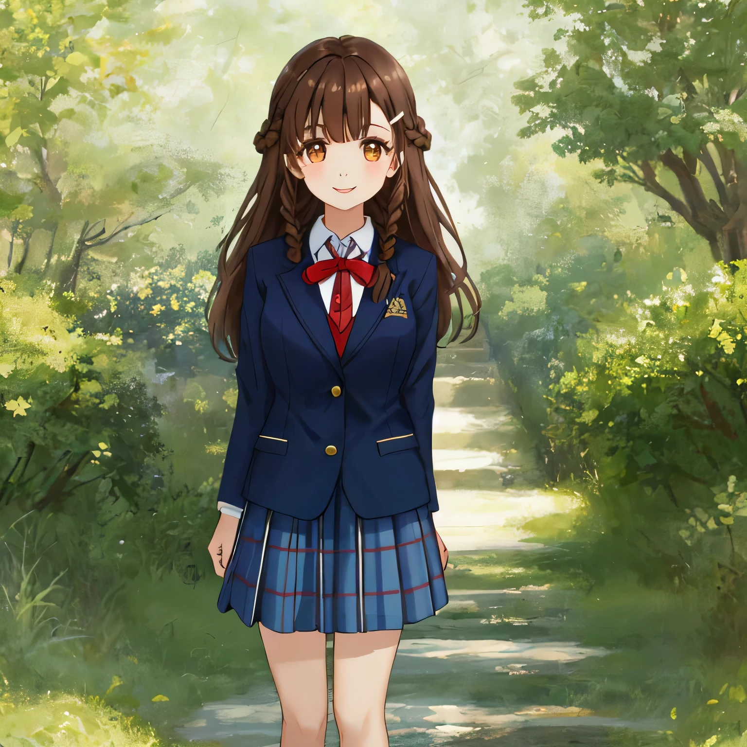 highest quality, (masterpiece:1.2), very detailed, Standing figure of a girl looking at the viewer and smiling, Glossy lips that make you want to kiss, nice smile, brown eyes, (((very long dark brown hair))), 15 years old, big shiny hair clip, school uniform, Dark blue and navy plaid skirt, middle long skirt, white shirt, A luxurious navy blazer with a golden emblem on the left chest, big school ribbon tie, very shiny hair、laughter、bright look、The light makes my face and hair shine, The corners of the eyes are drooping, cute braids, I&#39;m so happy I can jump up, The expression of a maiden in love, The long skirt fabric has a beautiful deep blue checkered pattern., A gentle and cute expression staring at the viewer, double eyelid, ((long eyelashes)), ((Long lower eyelashes too)) ((the knees are hidden by the skirt)), pure white background