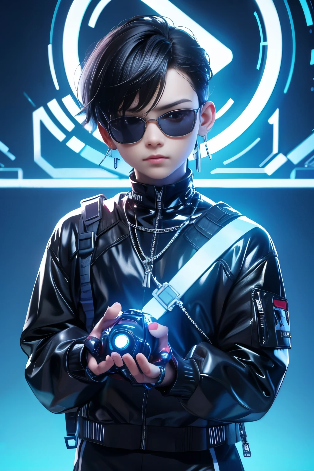 ultra high resolution, masterpiece,  highest quality, perfect shiny shiny skin, perfect lighting, detailed lighting, dramatic shadow, ray tracing, 1 boy, black sweater, looking at the viewer,Portrait、Cyberpunk worldview、wearing cyber sunglasses，A world of neon lights,neon glowing sunglasses、ｓｆ、future