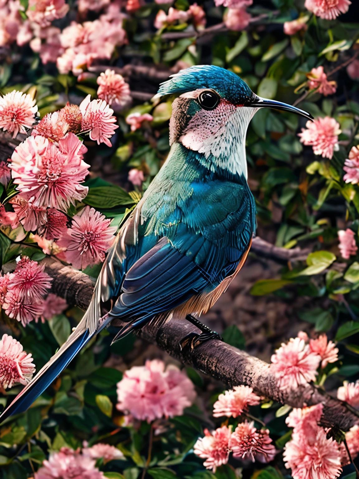 A blue bird flies near pink flowers, digital rendering, hummingbird, beautiful nature, Living nature, painting of a hummingbird, really beautiful nature, nature photos, nice images, !!natural beauty!!, incredibly beautiful, Stunning visual effects, Insects and birds, very beautiful photos, 