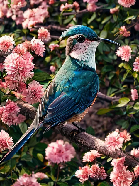 A blue bird flies near pink flowers, digital rendering, hummingbird, beautiful nature, Living nature, painting of a hummingbird,...