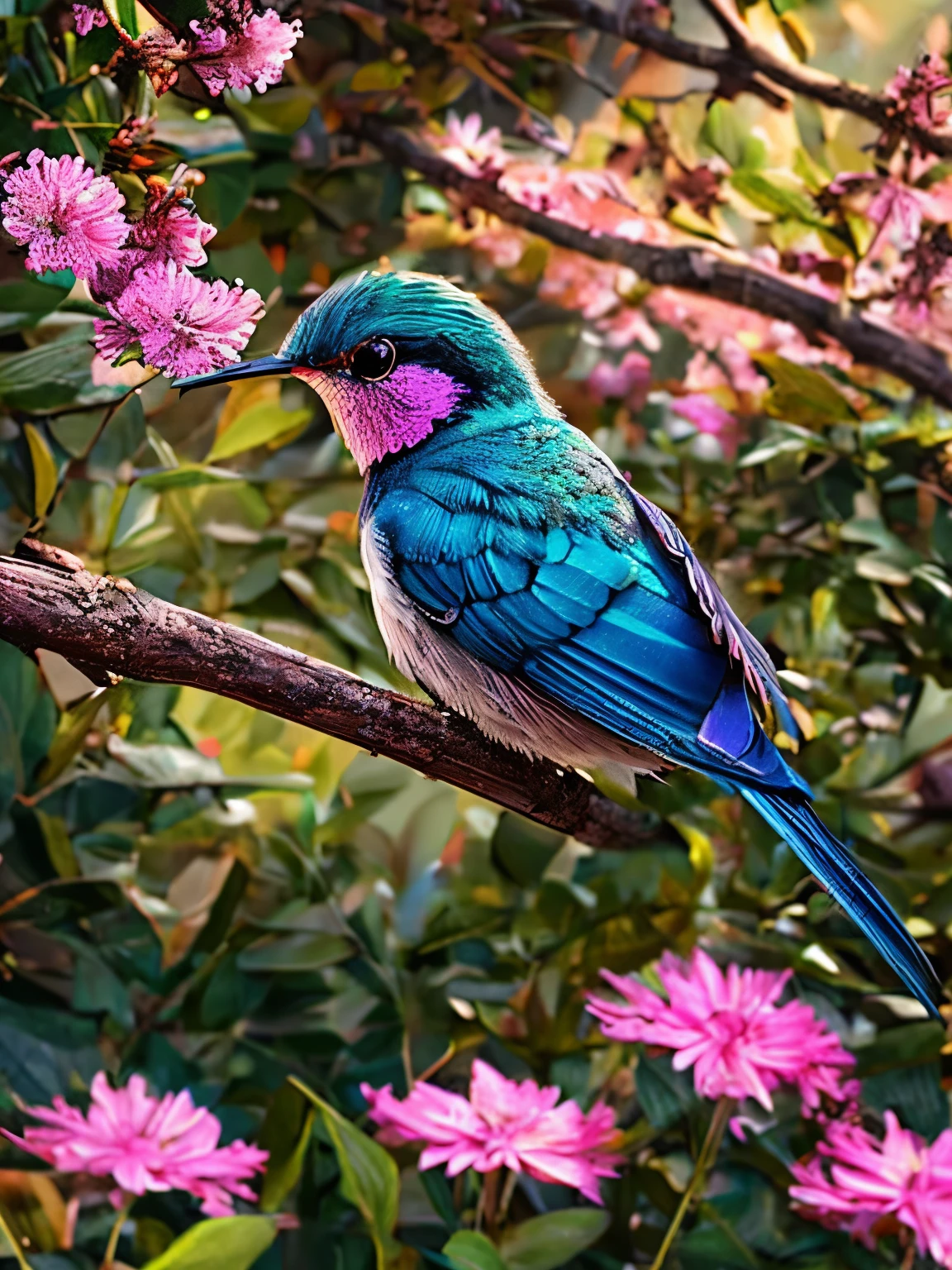 A blue bird flies near pink flowers, digital rendering, hummingbird, beautiful nature, Living nature, painting of a hummingbird, really beautiful nature, nature photos, nice images, !!natural beauty!!, incredibly beautiful, Stunning visual effects, Insects and birds, very beautiful photos, 