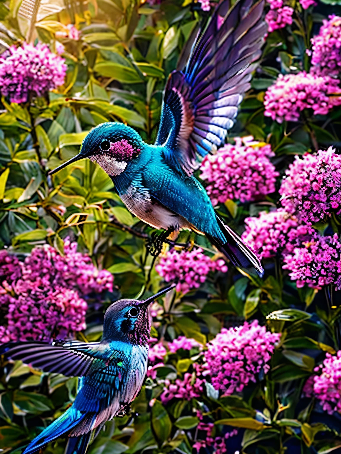 A blue bird flies near pink flowers, digital rendering, hummingbird, beautiful nature, Living nature, painting of a hummingbird, really beautiful nature, nature photos, nice images, !!natural beauty!!, incredibly beautiful, Stunning visual effects, Insects and birds, very beautiful photos, 