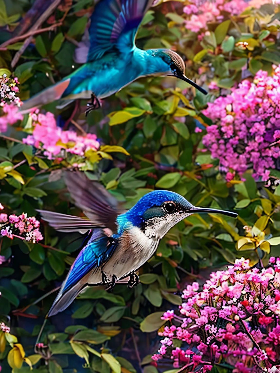 A blue bird flies near pink flowers, digital rendering, hummingbird, beautiful nature, Living nature, painting of a hummingbird, really beautiful nature, nature photos, nice images, !!natural beauty!!, incredibly beautiful, Stunning visual effects, Insects and birds, very beautiful photos, 