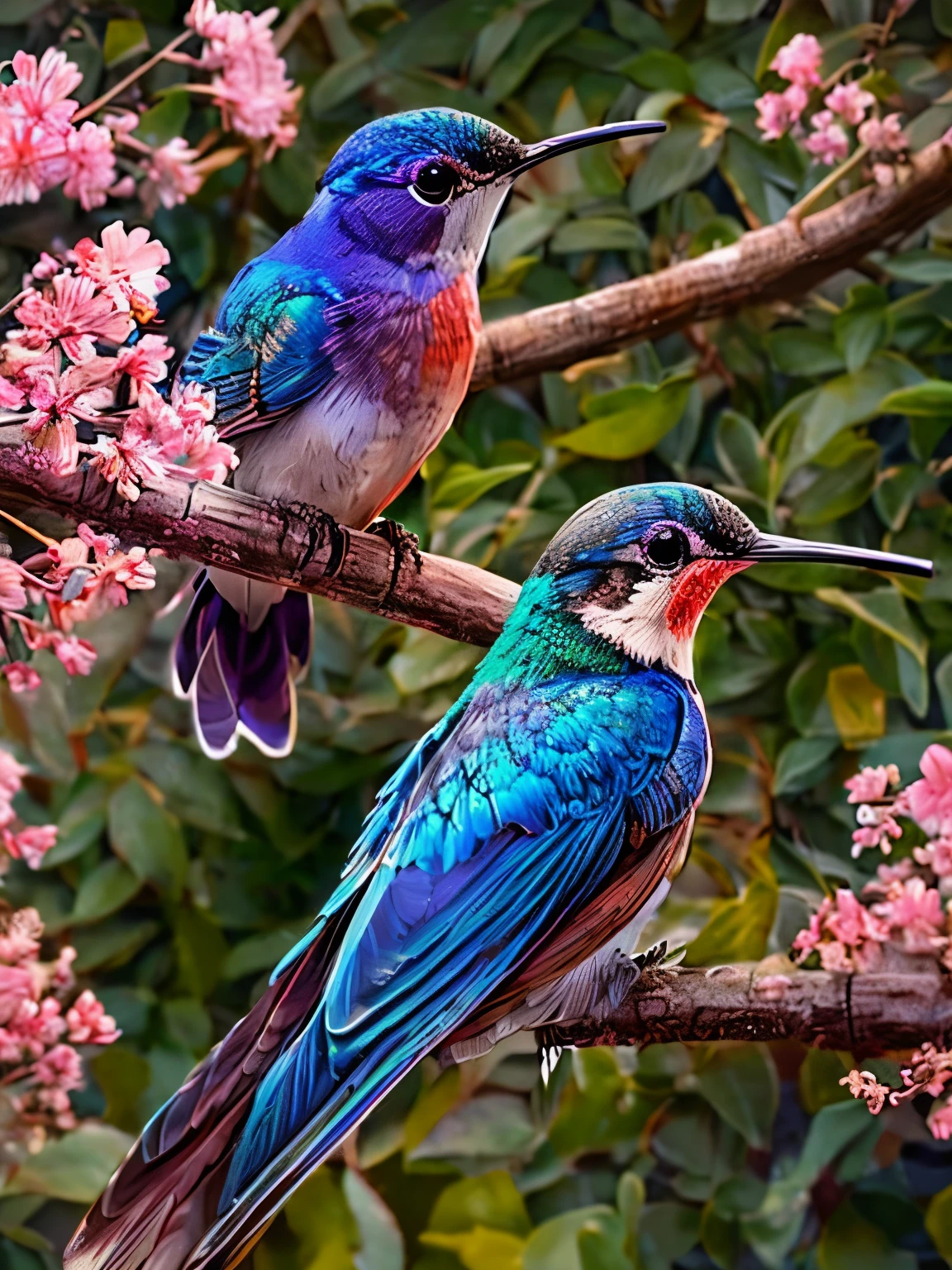 A blue bird flies near pink flowers, digital rendering, hummingbird, beautiful nature, Living nature, painting of a hummingbird, really beautiful nature, nature photos, nice images, !!natural beauty!!, incredibly beautiful, Stunning visual effects, Insects and birds, very beautiful photos, 