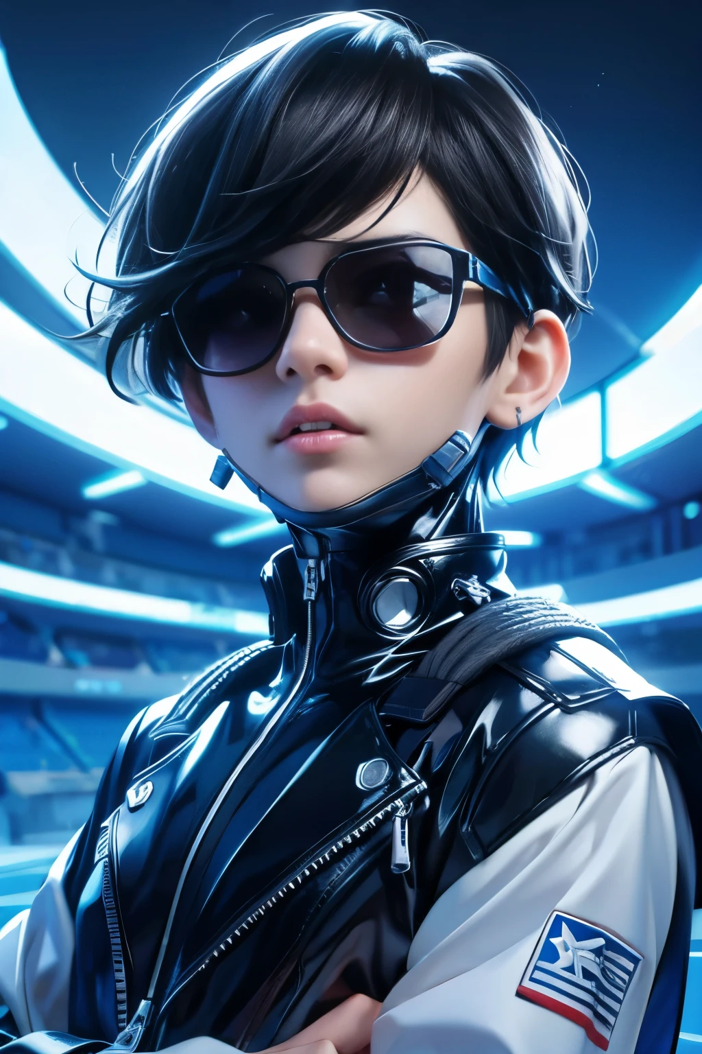 ultra high resolution, masterpiece,  highest quality, perfect shiny shiny skin, perfect lighting, detailed lighting, dramatic shadow, ray tracing, 1 boy, black sweater, looking at the viewer,Portrait、Cyberpunk worldview、wearing cyber sunglasses，A world of neon lights,neon glowing sunglasses、ｓｆ、future