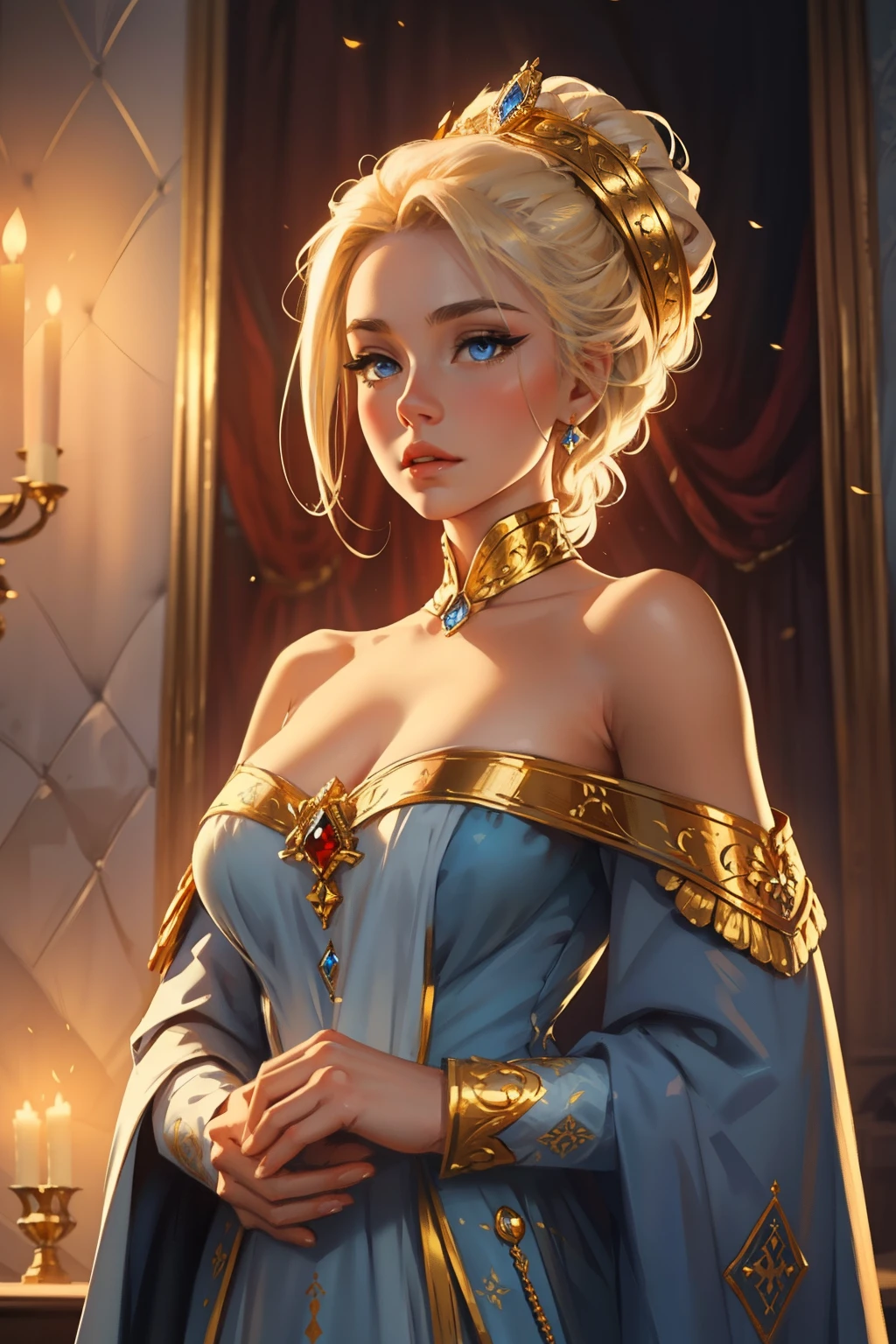 ファンタジー, 19世紀, 皇后, 女性, 繊細な顔, 淡いブロンドの髪, 整えられた髪, 青い目, 肩が開いた白い王室のドレスを着て, 布地に金色の模様, 肩には君主の衣装と赤いリボンを着けている, 高解像度