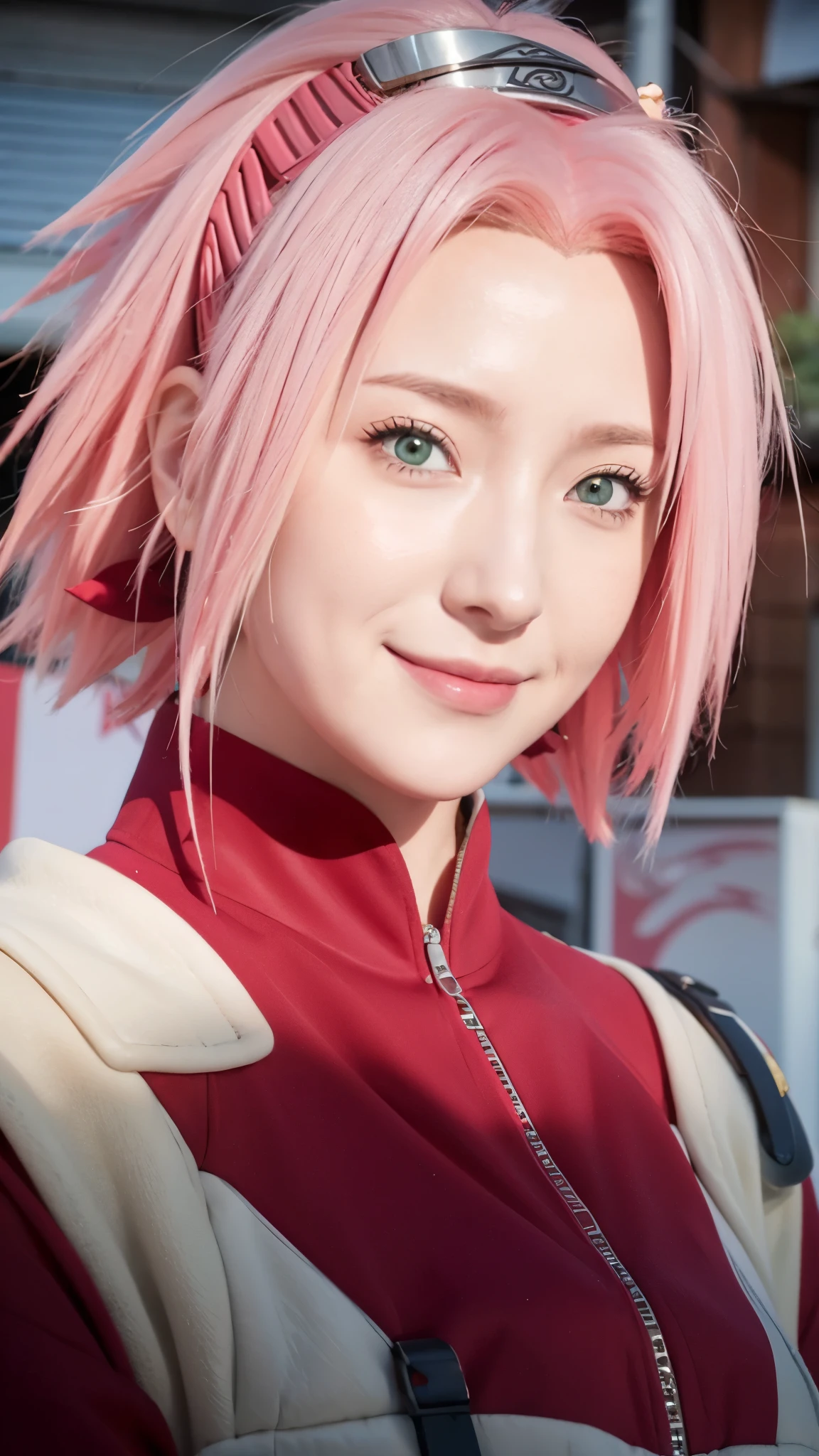 A woman with pink hair and a red jacket posing for a picture - SeaArt AI