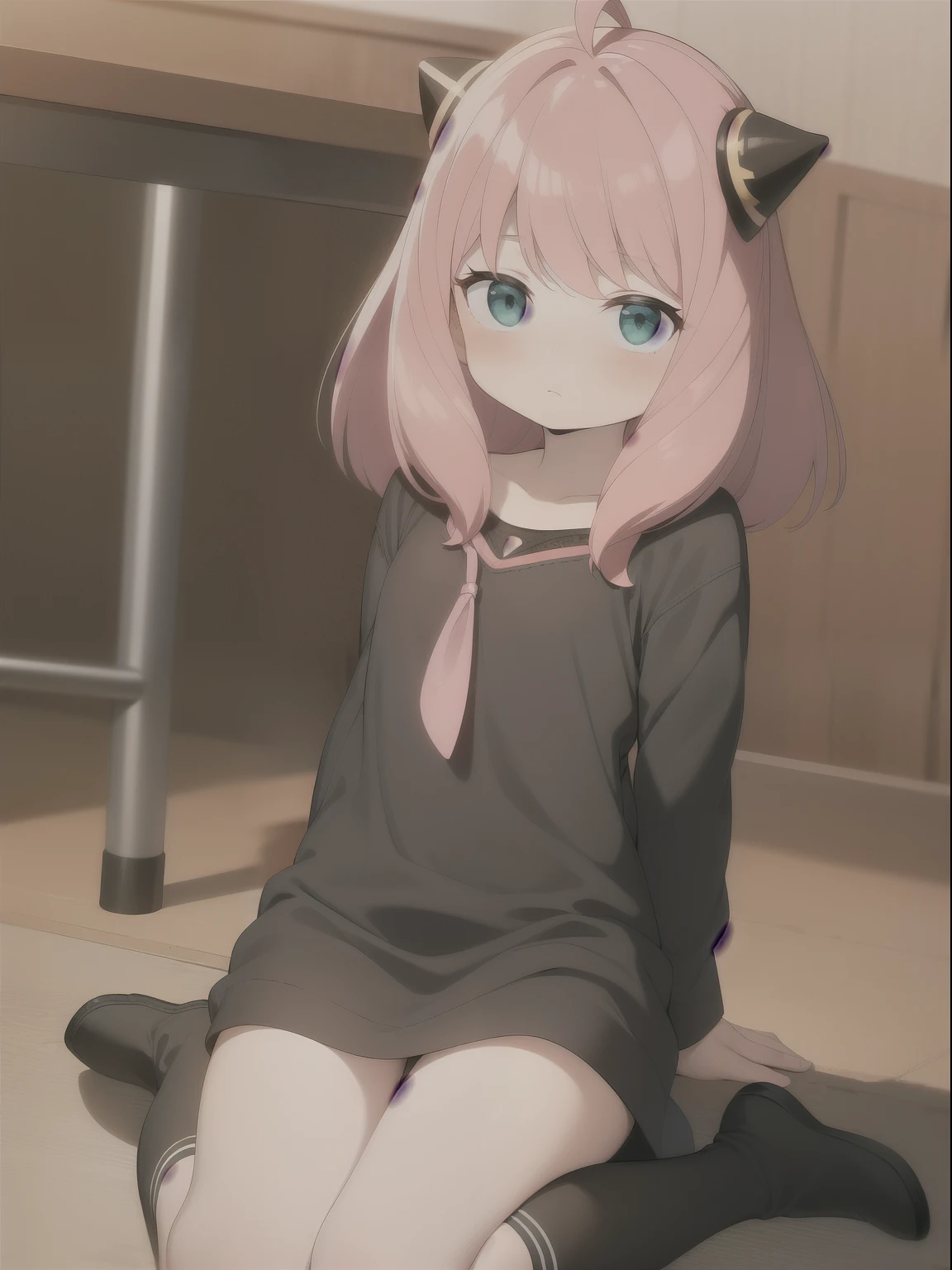 Anime girl sitting on the floor with a cat ears on her head - SeaArt AI